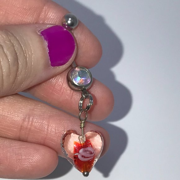 Red Lamp work Glass Heart Dangle Belly Rings - Picture 2 of 9